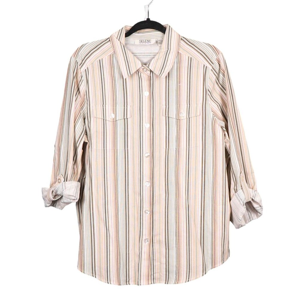 Selene Linen Button Up Shirt XL VTG Womens Striped Beige Pink Green Roll Tab